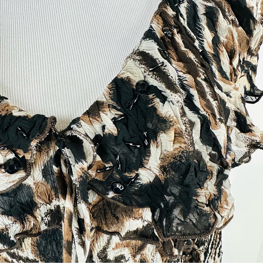 Alberto Makali 90’s Animal Print Ruffle Lace Crinkle Mixed Media Top Size Large - Picture 3 of 15